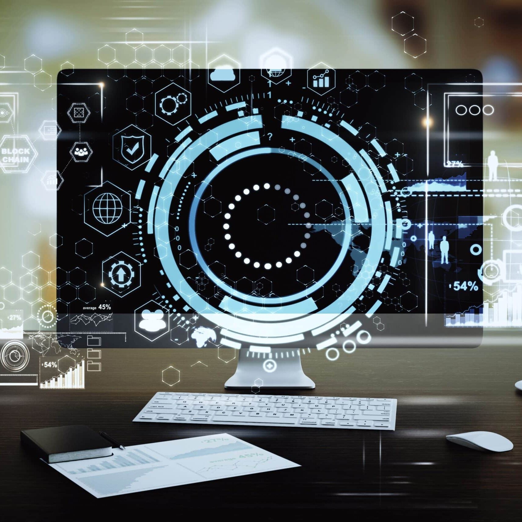 image is more abstract / futuristic: “Abstract visualization of AI in partner ecosystems with connected data nodes and digital network representing partner program transformation